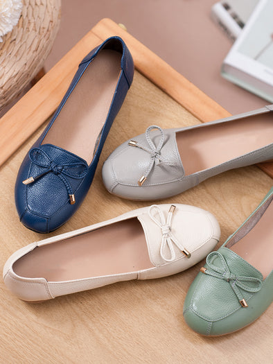 Women Comfortable Leather Slip-On Flats Shoes with Bow and Non-Slip Sole