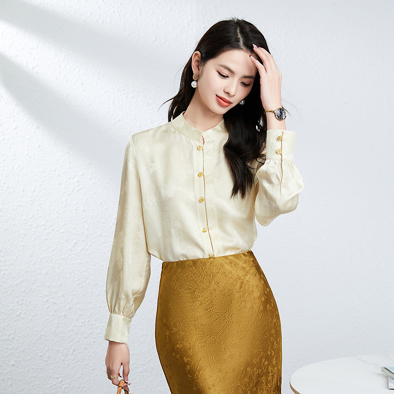 Floral Embossed Silk Shirt Fall Luxe Vibe Mandarin Collar Timeless