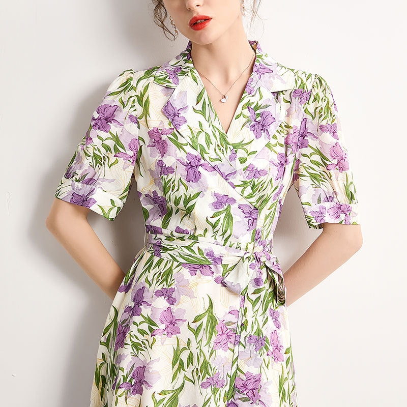 Mulberry Silk Mid-length French Dress Summer Waist Short-sleeved Printed Dress