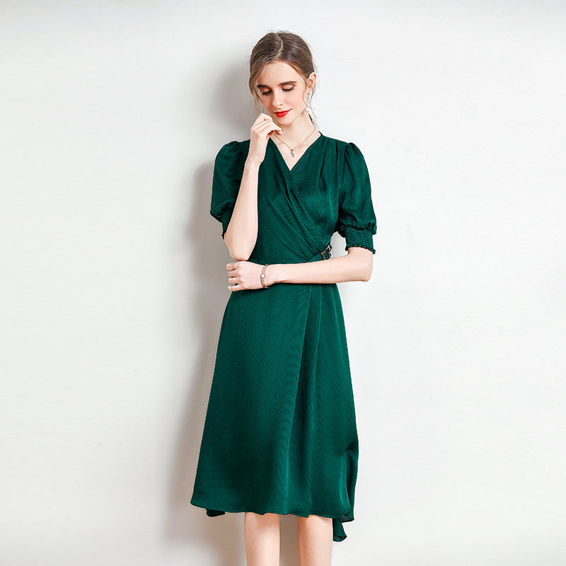 Spring and Summer Silk Dress V-neck Slim Waist Dress