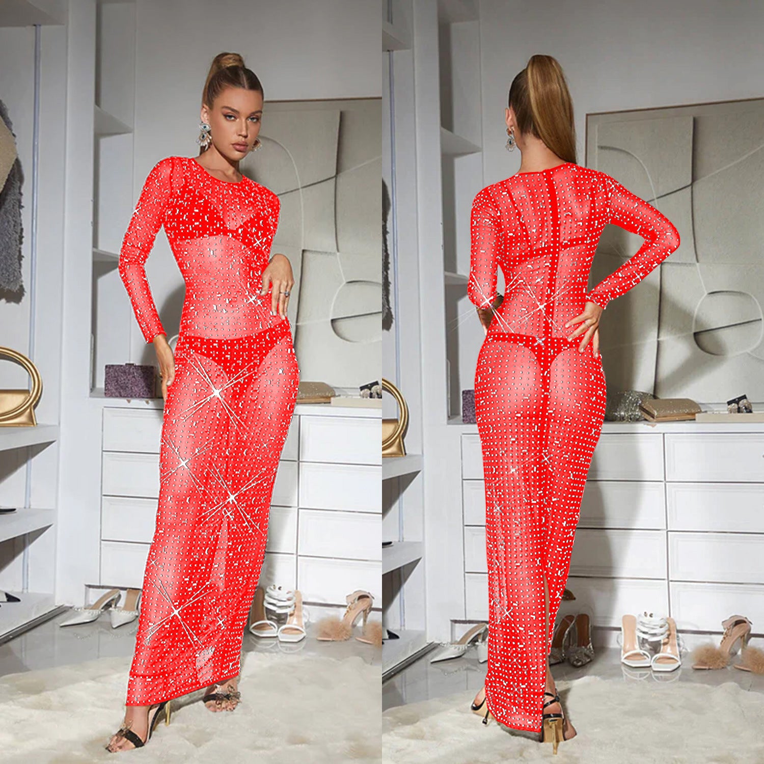 Sheer Crystal Mesh Bodycon Maxi Dress Long Sleeve Evening Formal Gown