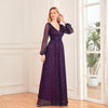 Shimmering V-Neck Ruched Gown Long Sleeve A-Line Maxi Dress with Full Lining