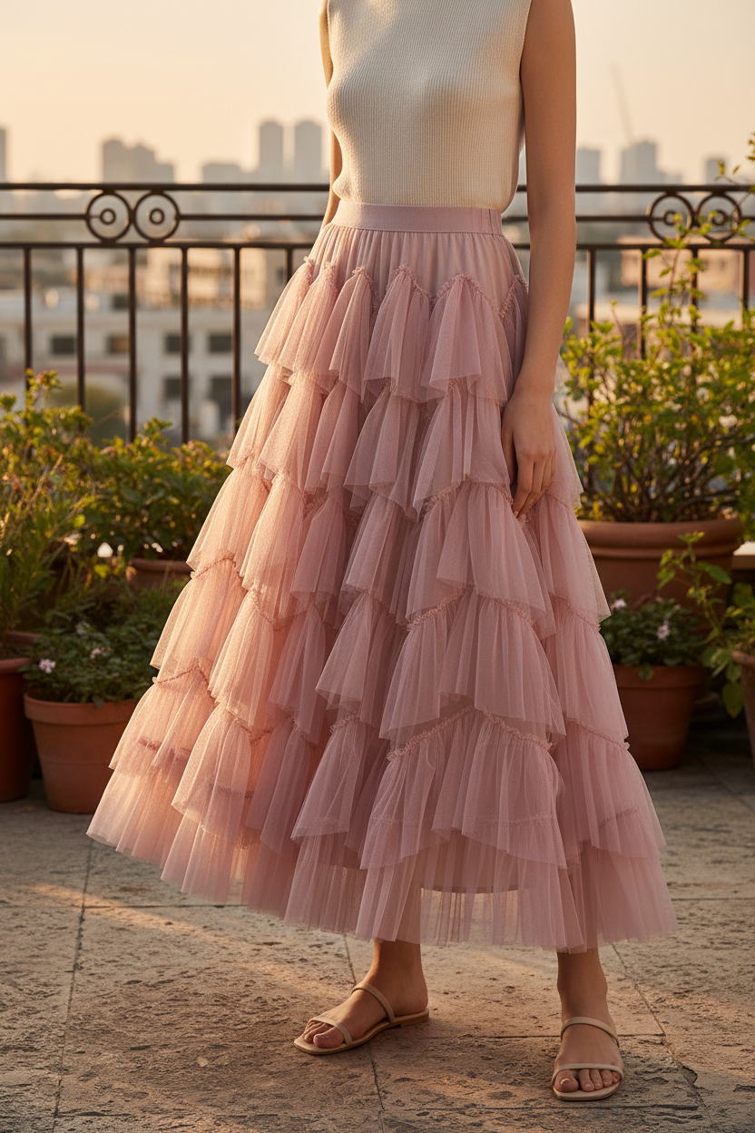 Mesh Long Skirt Design Skirt All-match Mesh Stitching Skirt