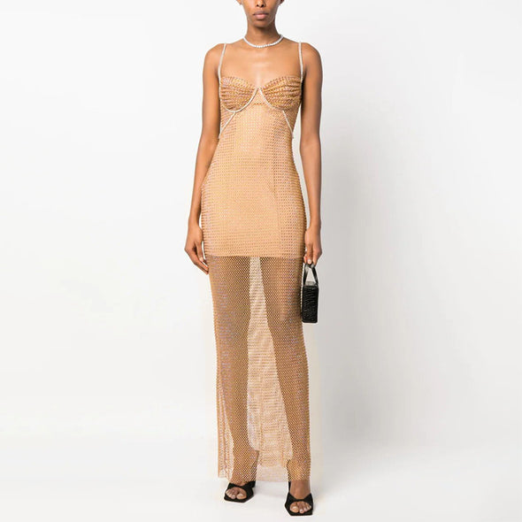 High-end Sequin Strap Dress Long Dress Gold Mesh Party Dress