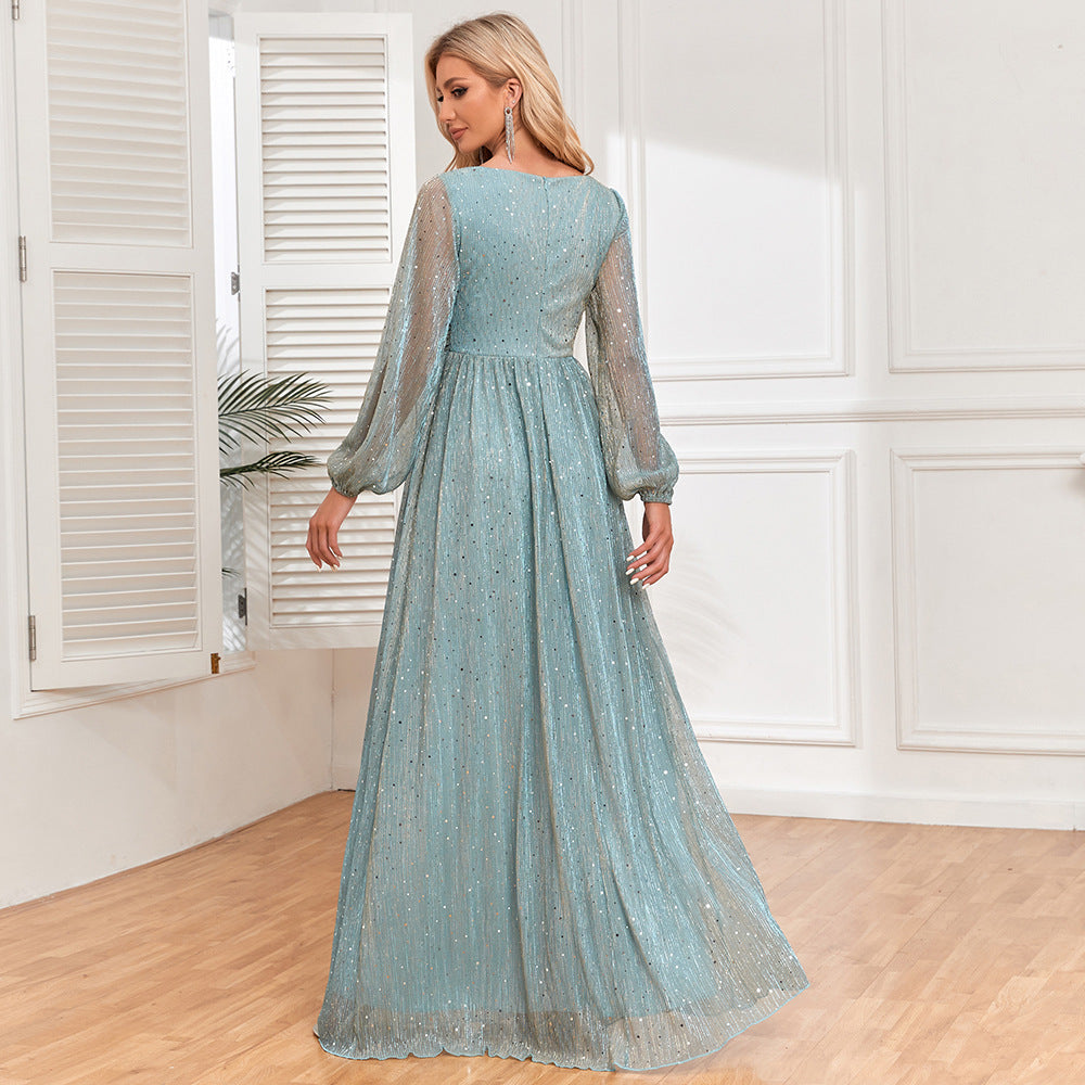 Fall Women Glitter V-Neck Ruched Sheer Sleeve Formal Gown Dresses