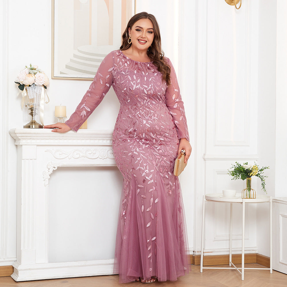 Plus Size Mermaid Evening Gown Long Sleeve Round Neck Sequin Embroidered Tulle Prom Dress