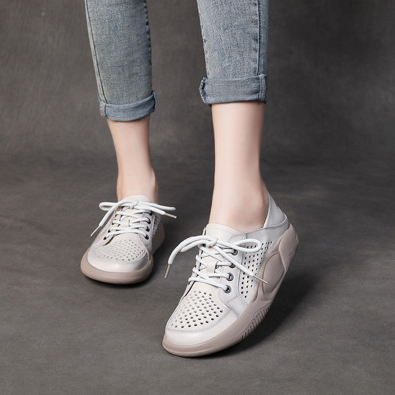Women's Leather Hollow Lace Up Sports Wind Casual Shoes Breathable Comfortable Shoes