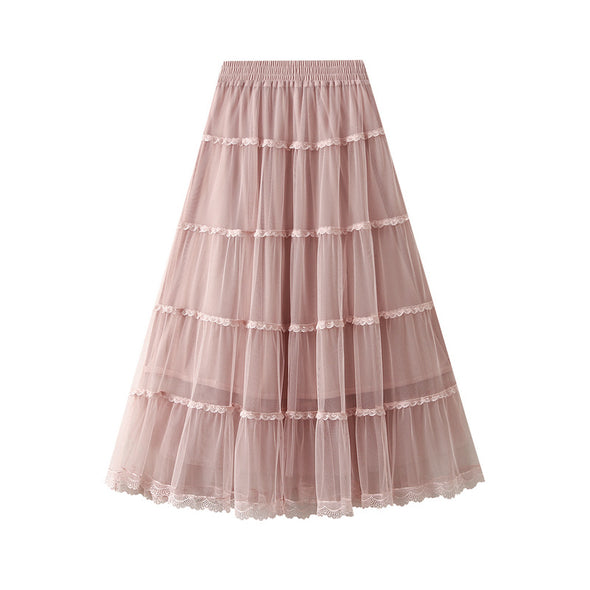 High-waisted Mid-length Multi-layered Mesh Patchwork Lace Skirt