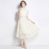 Spring French Lace Panel Round Neck Midi Dress with Flared Hem