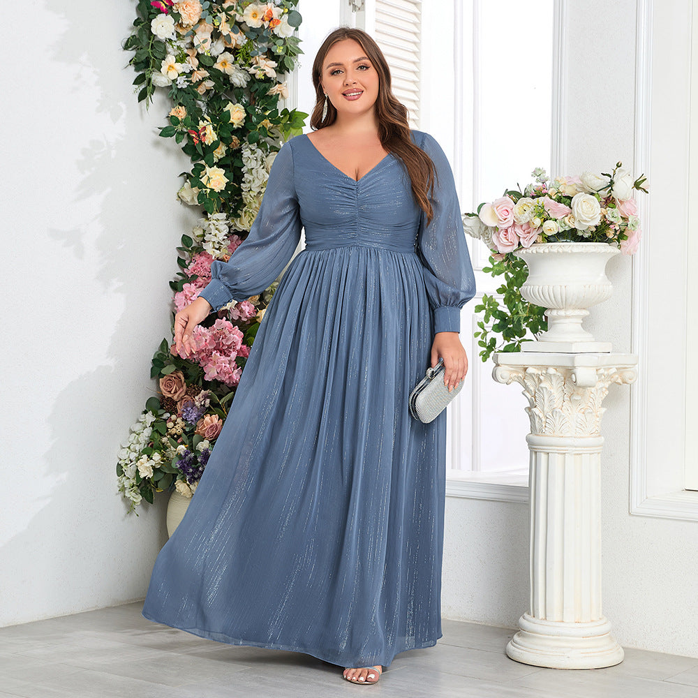 Fall Plus Size Glitter V-Neck Pleated Long Sleeve Formal Gown Dress