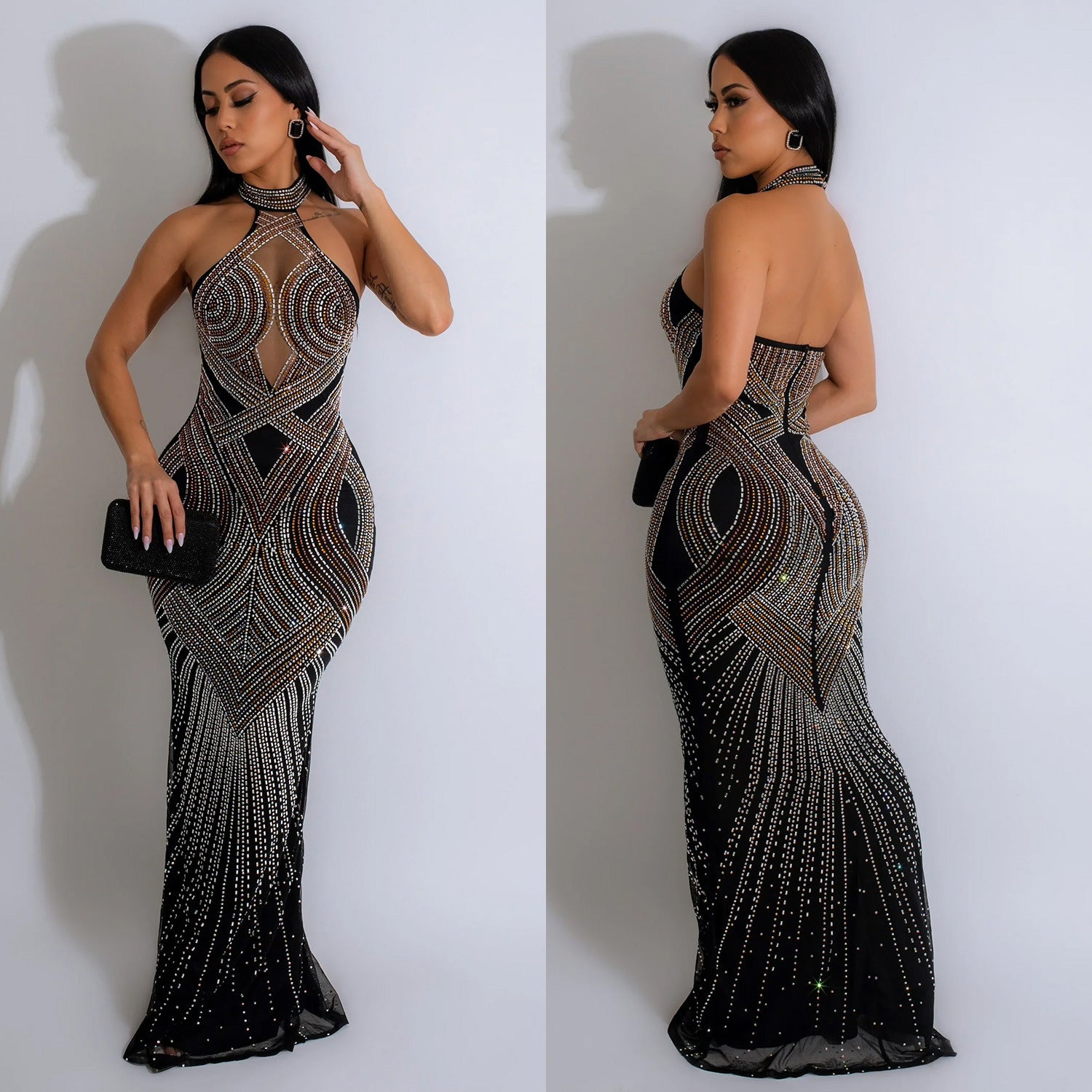 Halter Neck Crystal Mesh Mermaid Gown Floor-Length Formal Evening Dress