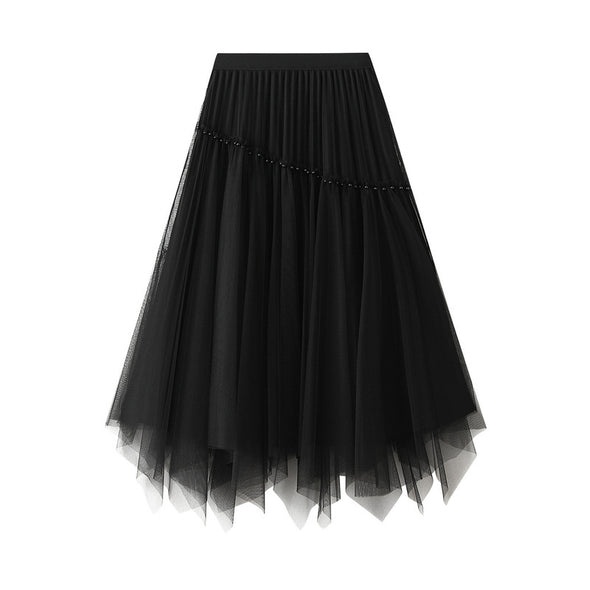 Reversible Beaded Mesh Skirt Irregular Mid-length Skirt