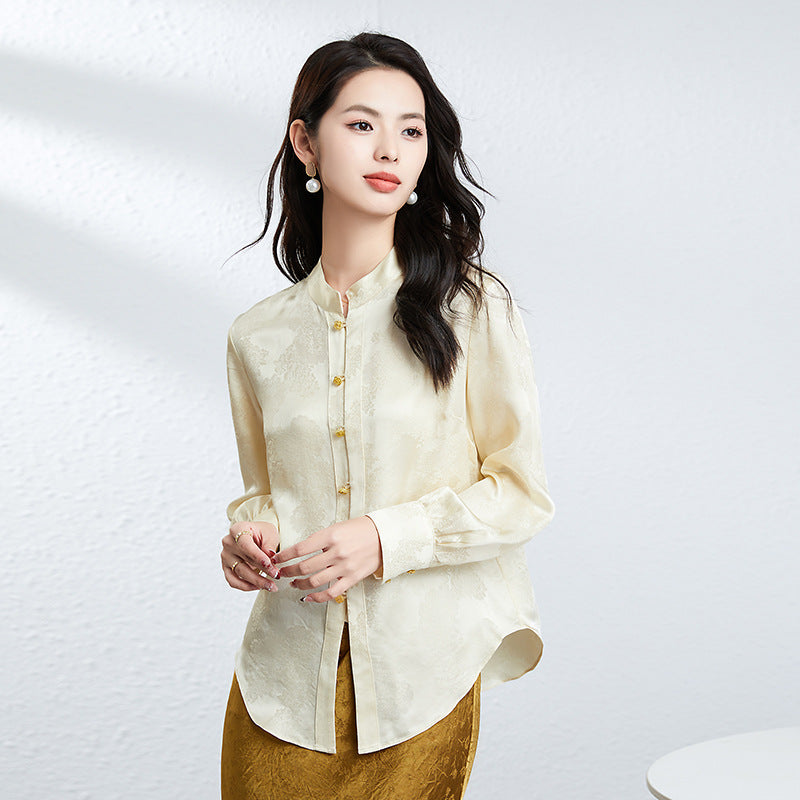Floral Embossed Silk Shirt Fall Luxe Vibe Mandarin Collar Timeless