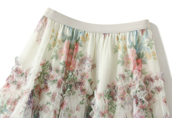 Irregular Patchwork Colorful Flower Mesh Skirt