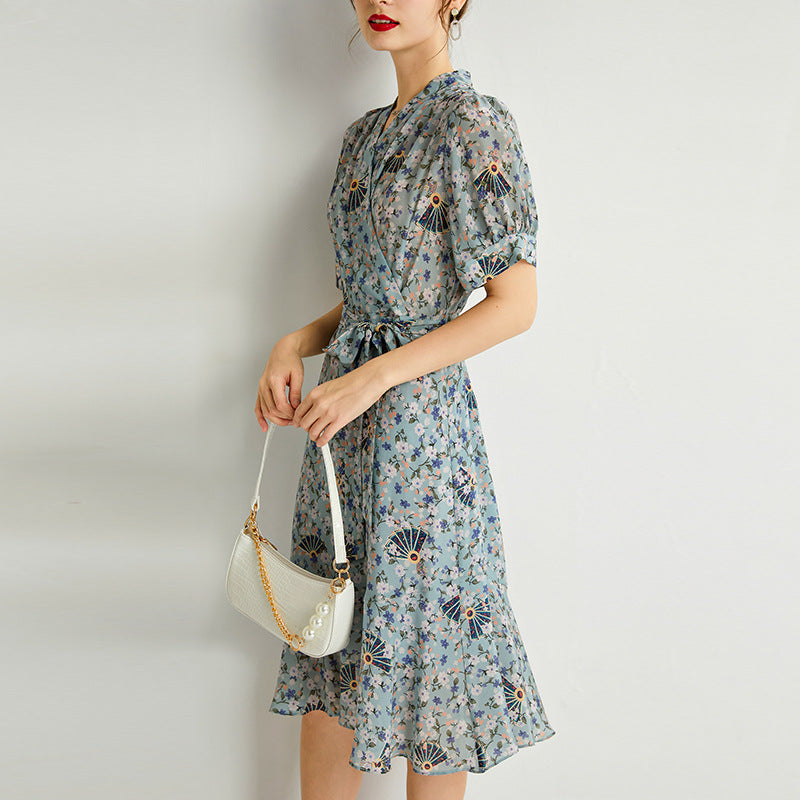 Silk French Floral Dress V-neck Slim Dress With Ruffles