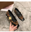 Retro Leopard Print Shallow Mouth Mary Jane Shoes Thick Heel Square Toe Women's Shoes