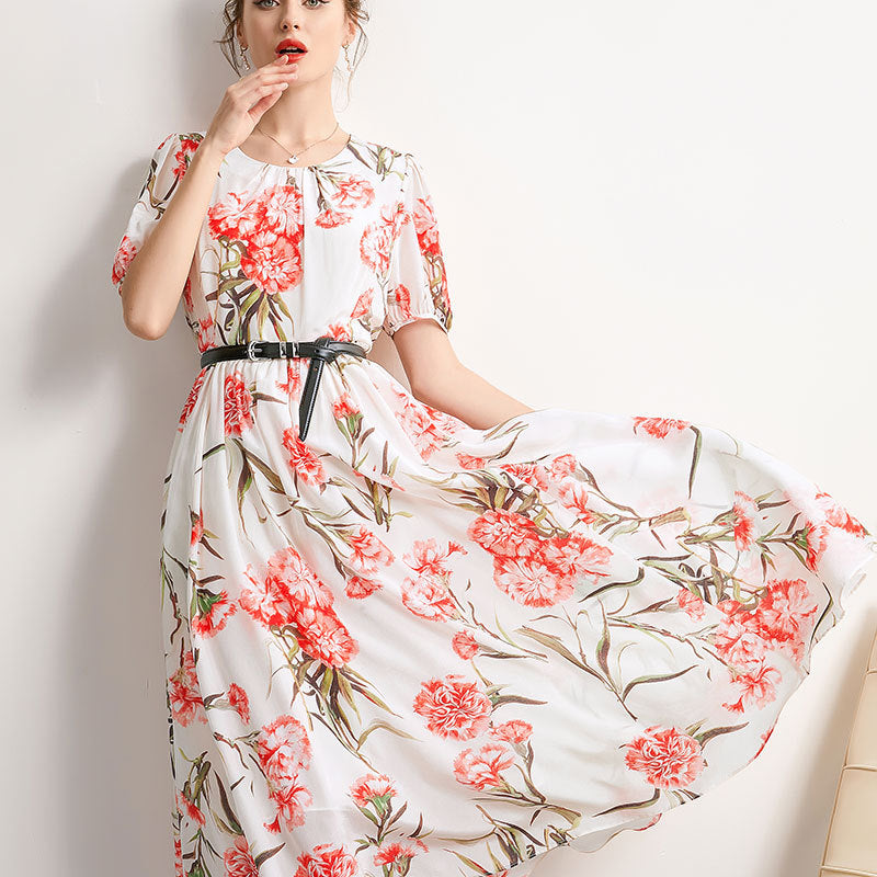 Summer Silk French Dress Round Neck Slimming Dress – Dresslittly Summer Silk French Dress Round Neck Slimming Dress – Dresslittly