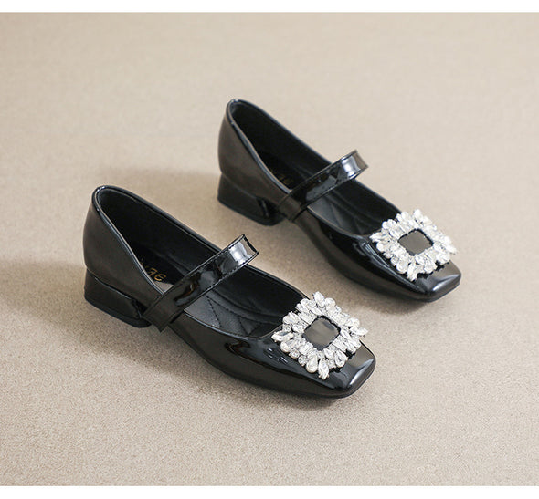 Patent Leather Mary Jane Shoes with Thick Heel and Square Buckle