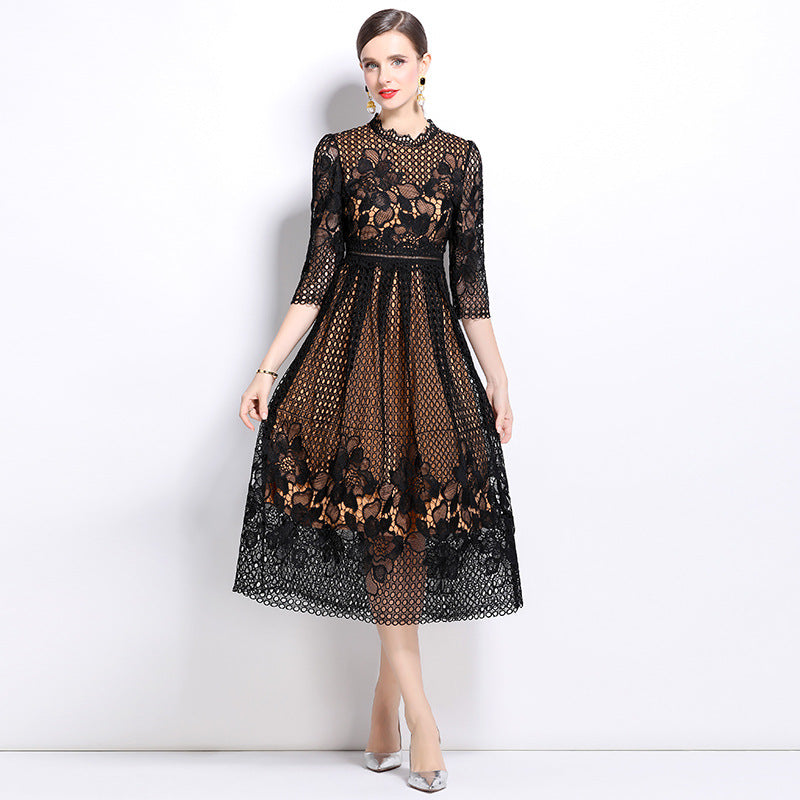Timeless Breathable Guipure Lace Womens A Line Midi Dress