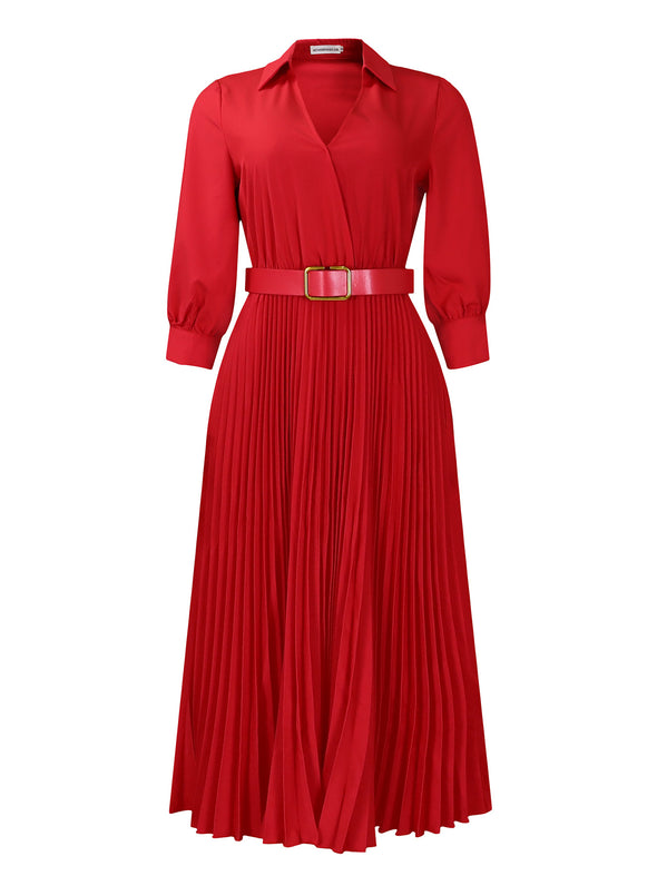 Spring V-Neck High Waist A-Line Dress with Matching Belt