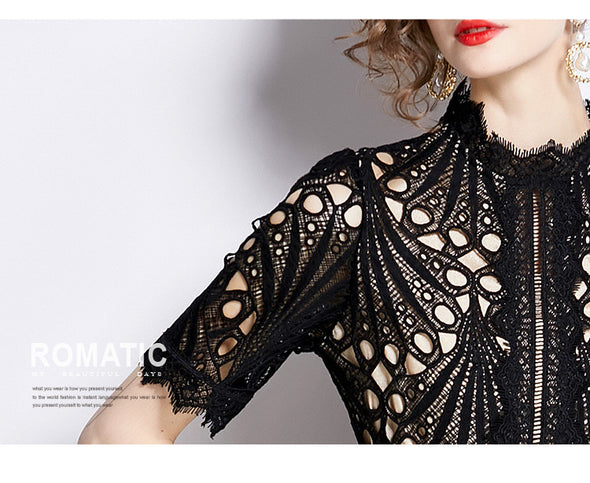 Spring French Lace Panel Round Neck Midi Dress with Flared Hem