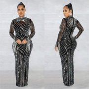 Crystal Mesh Two-Piece Maxi Dress Long Sleeve Evening Gown Formal