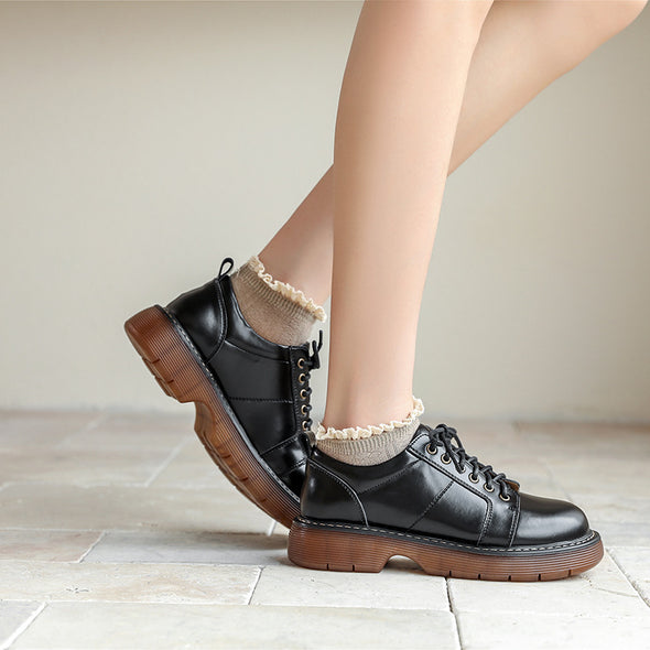 Genuine Brown Small Leather Shoes Retro Lace Up Women's Shoes