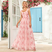 French Riviera Ruched Pink Floral U Neck Maxi Evening Gown