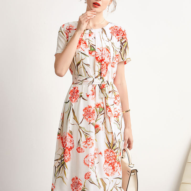 Summer Wide Silk Printed Dress Loose Belted Real Dress
