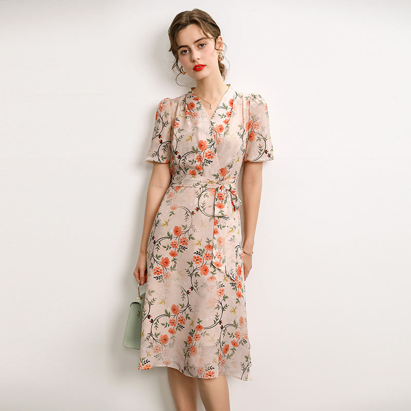 Silk French V-neck Tie Waist Print Mulberry Silk Dress