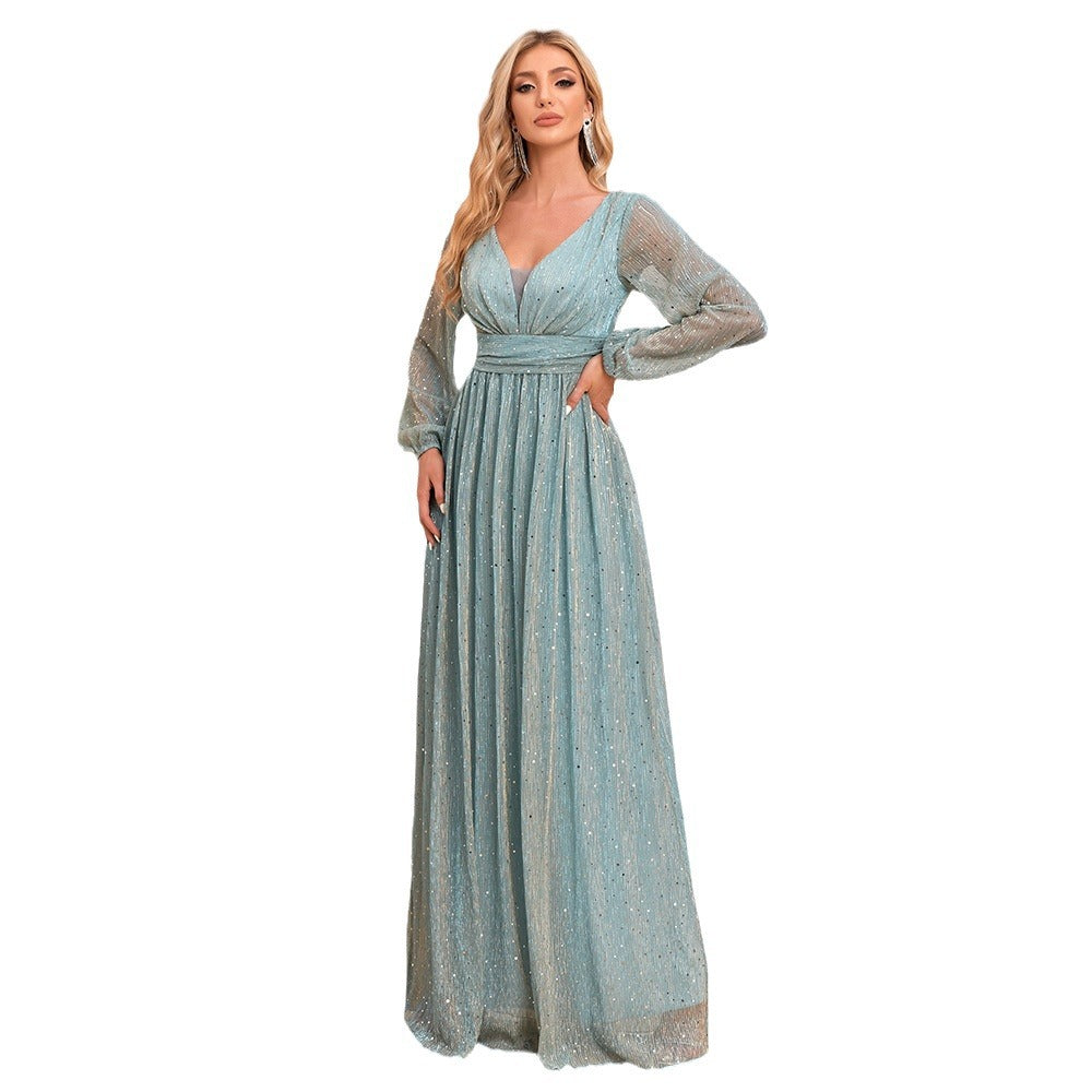 Elegant Shimmer V Neck Maxi Gown with Sheer Long Sleeves