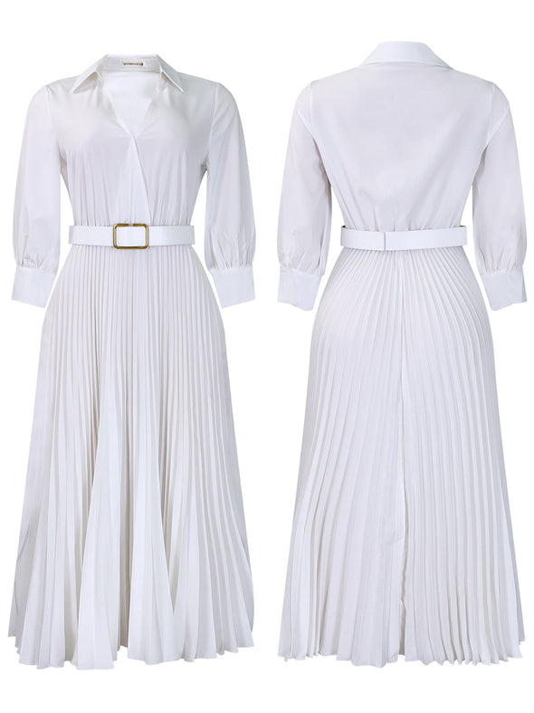 Spring V-Neck High Waist A-Line Dress with Matching Belt