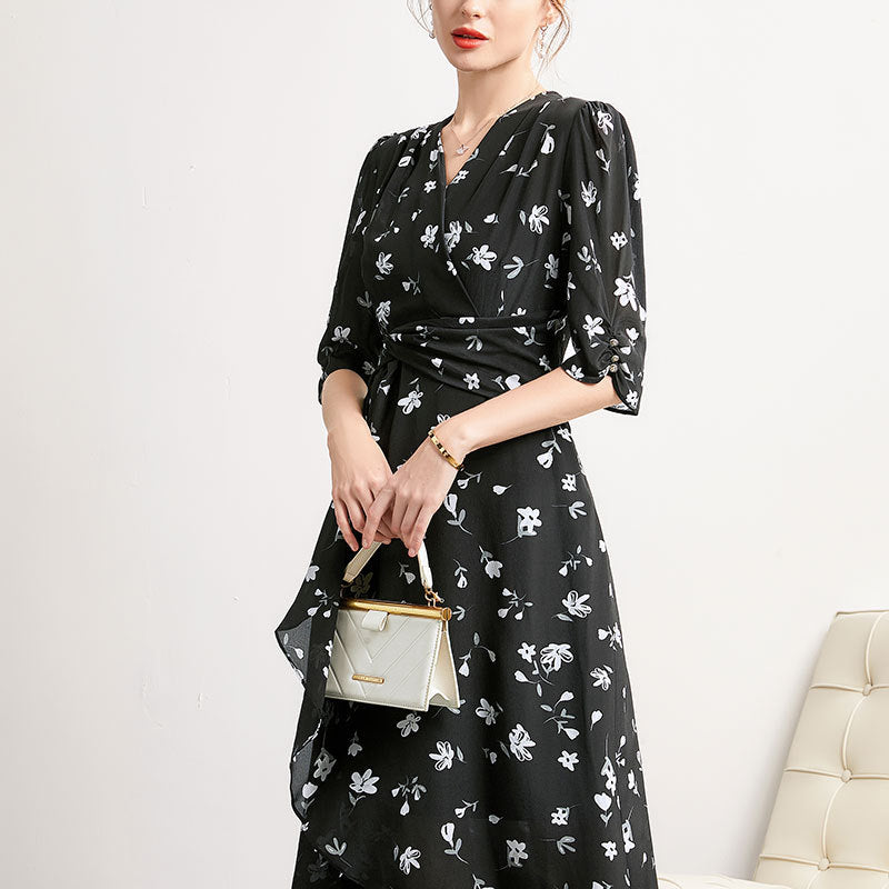Summer Silk Dress French V-neck All-match Temperament Black Long Dress