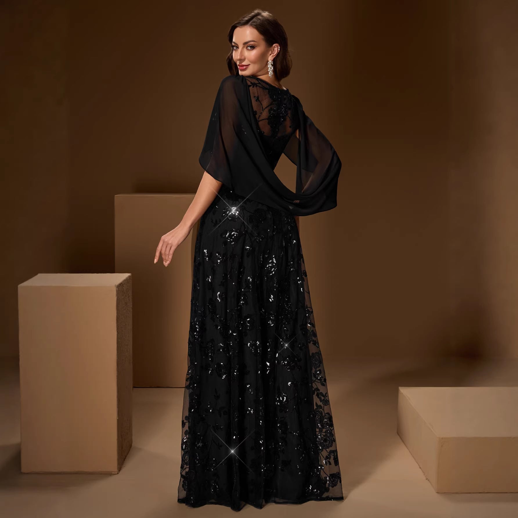 Timeless Black Sequin Embroidered Mesh Evening Maxi Gown – Dresslittly