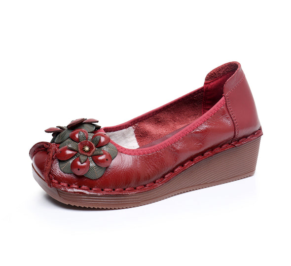 Genuine Leather Wedge Loafers Floral Design Slip-Resistant Soft Sole Shoes for Moms