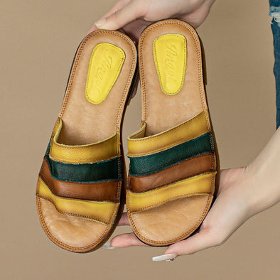 Women's Summer Retro Genuine Leather Slippers Comfortable Soft Sole Anti-Slip Sandals