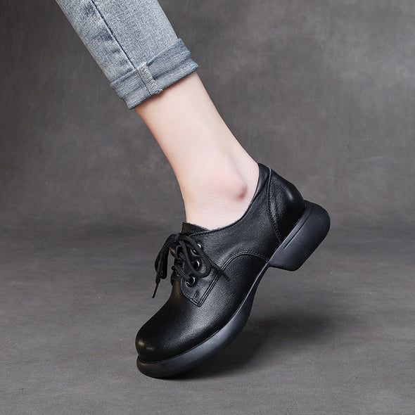 Retro Handmade Genuine Leather Low Heel Women's Lace-up Comfortable Shoes