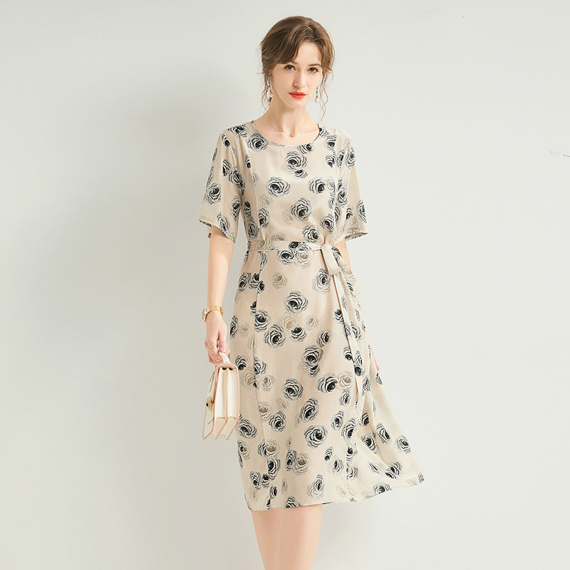 Floral Silk Maxi Dress Summer Lightweight Belted Loose Fit V-Neck