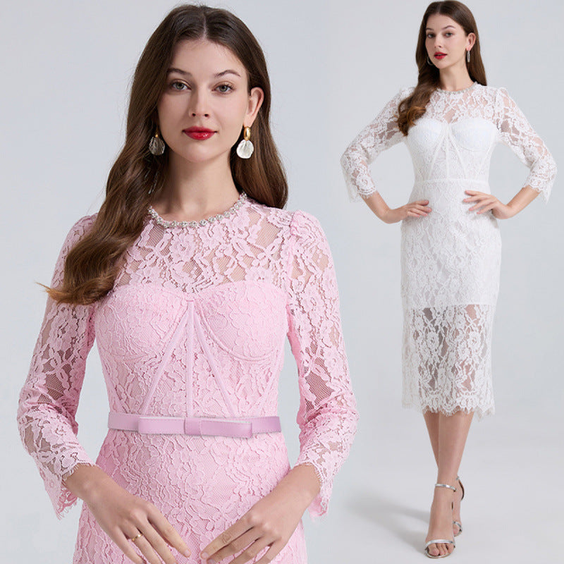 French Chic Beaded Eyelash Lace Womens Bodycon Midi Dress