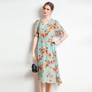 Silk V-Neck Midi Dress with Side Slit and Puff Sleeves