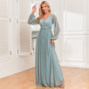 Shimmering V-Neck Ruched Gown Long Sleeve A-Line Maxi Dress with Full Lining