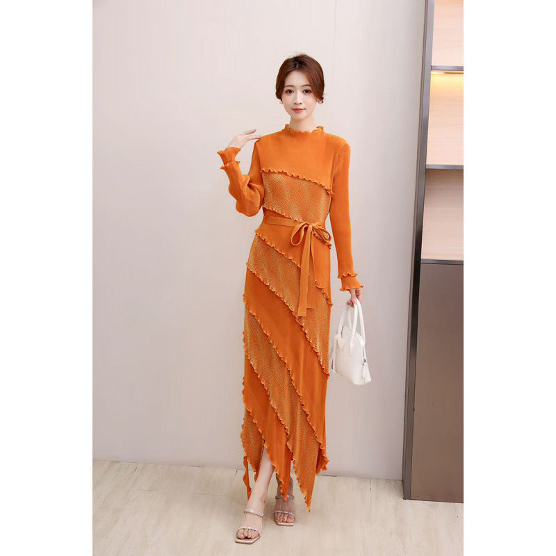 French Riviera Pleated Ruffled Foil Womens Maxi Evening Dress