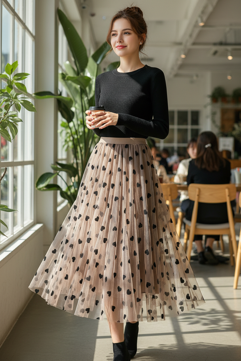 French Retro High Waist Mid Length Mesh Skirt