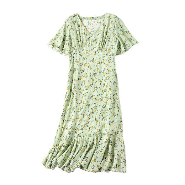 Spring and Summer Mulberry Silk Dress Elegant V-neck Short-sleeved Slim Dress