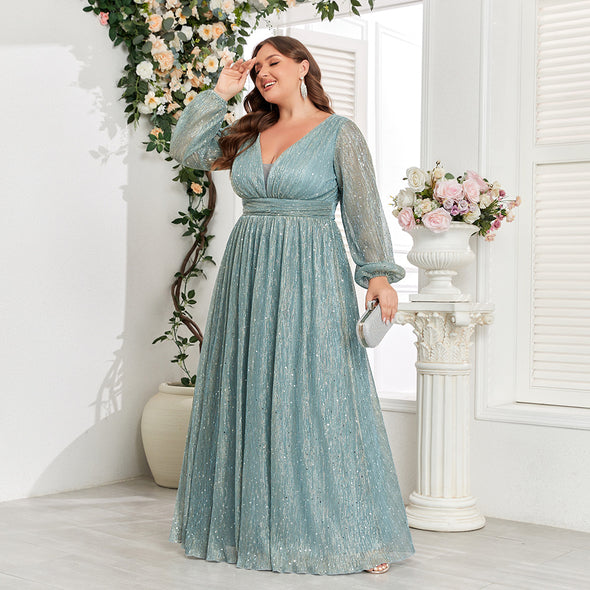 Shimmering V-Neck Ruched Gown Long Sleeve A-Line Maxi Dress with Full Lining