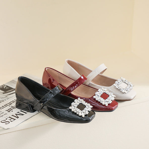 Patent Leather Mary Jane Shoes with Thick Heel and Square Buckle