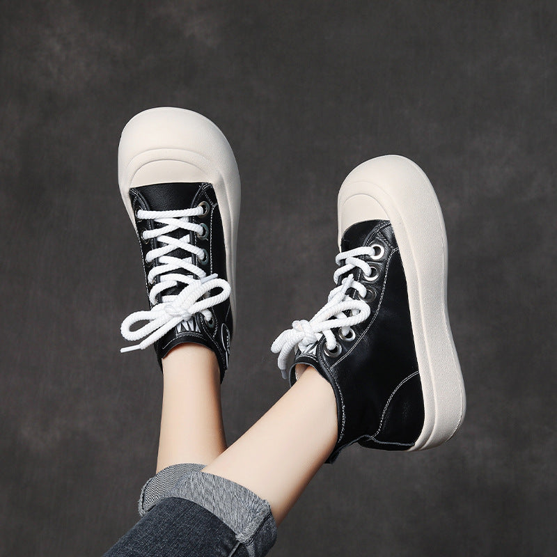 Leather Lace-up Casual Soft-soled Mid-cut Women's Boots