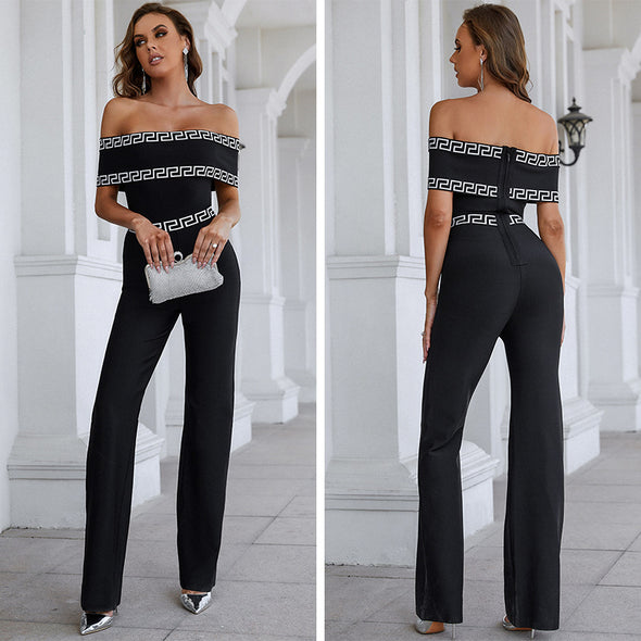 Spring and Summer Wide-leg Jumpsuits with Bateau Collar Printed Clothing