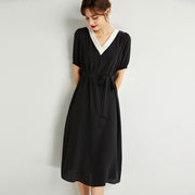 Summer Silk Dress V-neck Temperament Pure Color French Dress