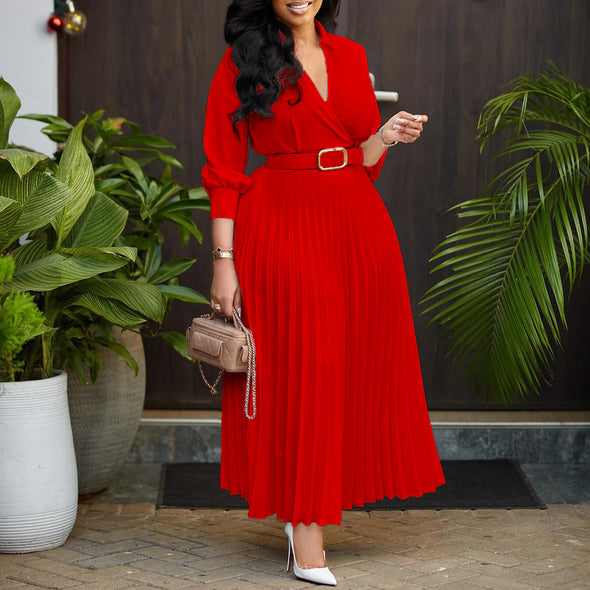 Spring V-Neck High Waist A-Line Dress with Matching Belt